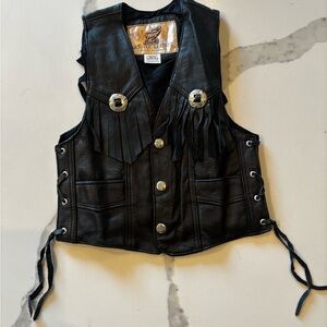 Boys Black Leather Fringe Vest size small with adjustable side Made in Mexcio